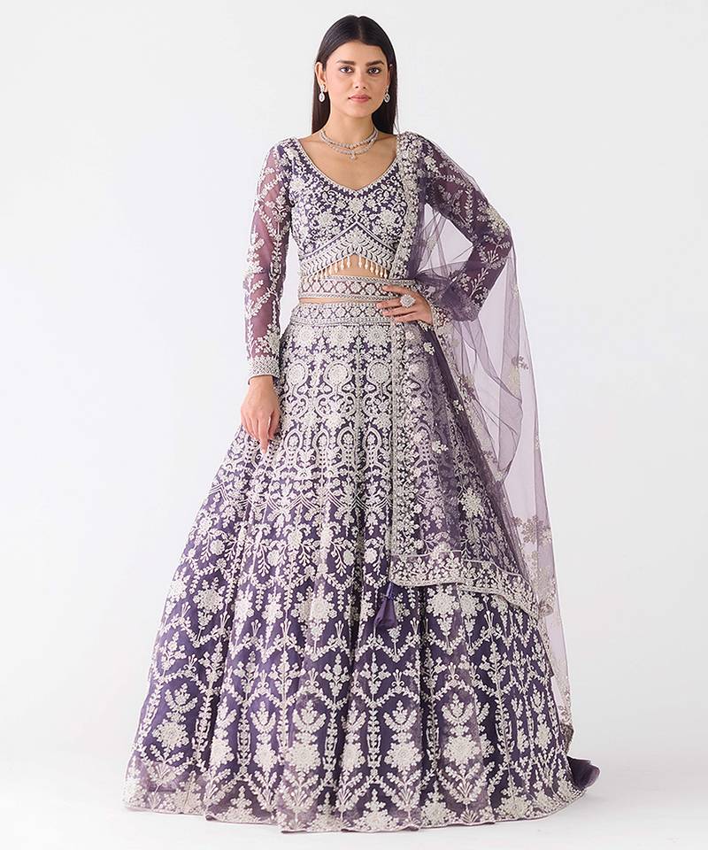 purple embroidered net lehenga with belt
