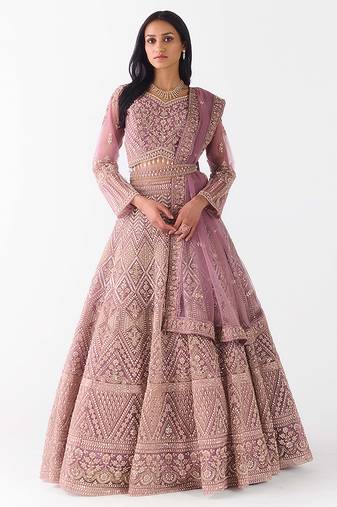 peach embroidered net lehenga with belt