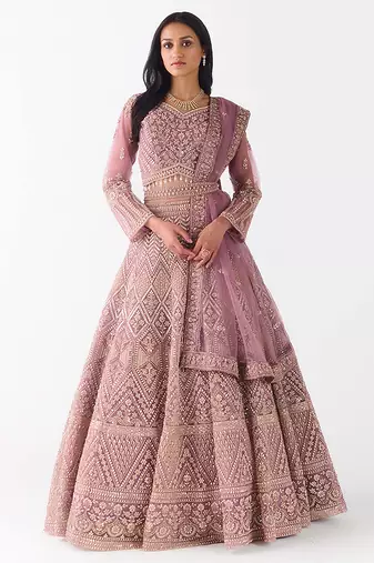 peach embroidered net lehenga with belt