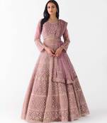 peach embroidered net lehenga with belt