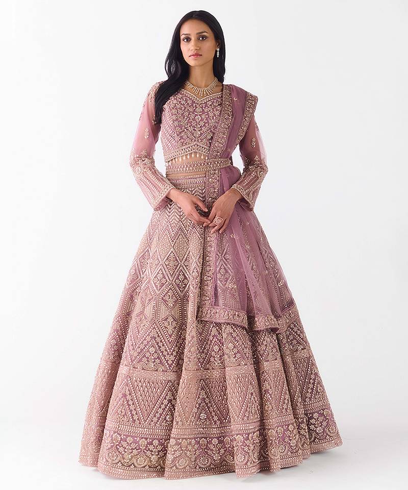 peach embroidered net lehenga with belt
