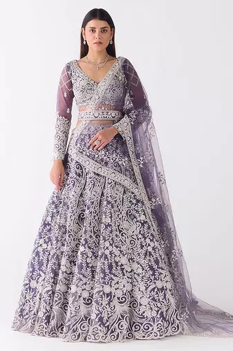 purple embroidered net lehenga with belt