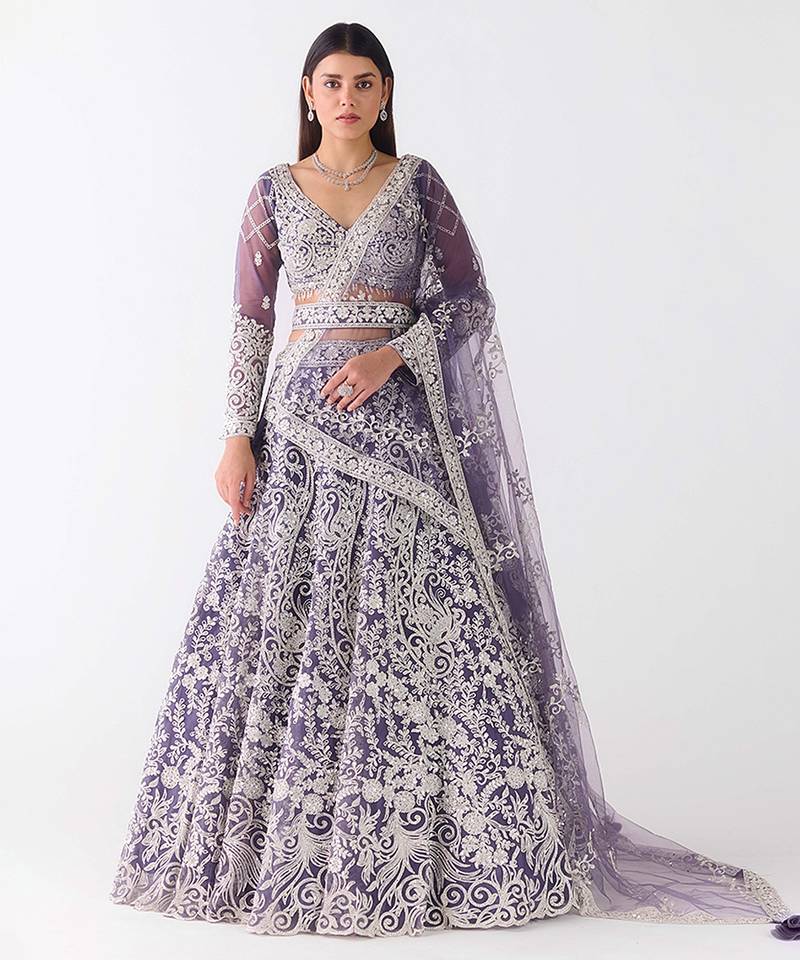 purple embroidered net lehenga with belt