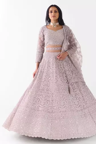 grey embroidered net lehenga with belt
