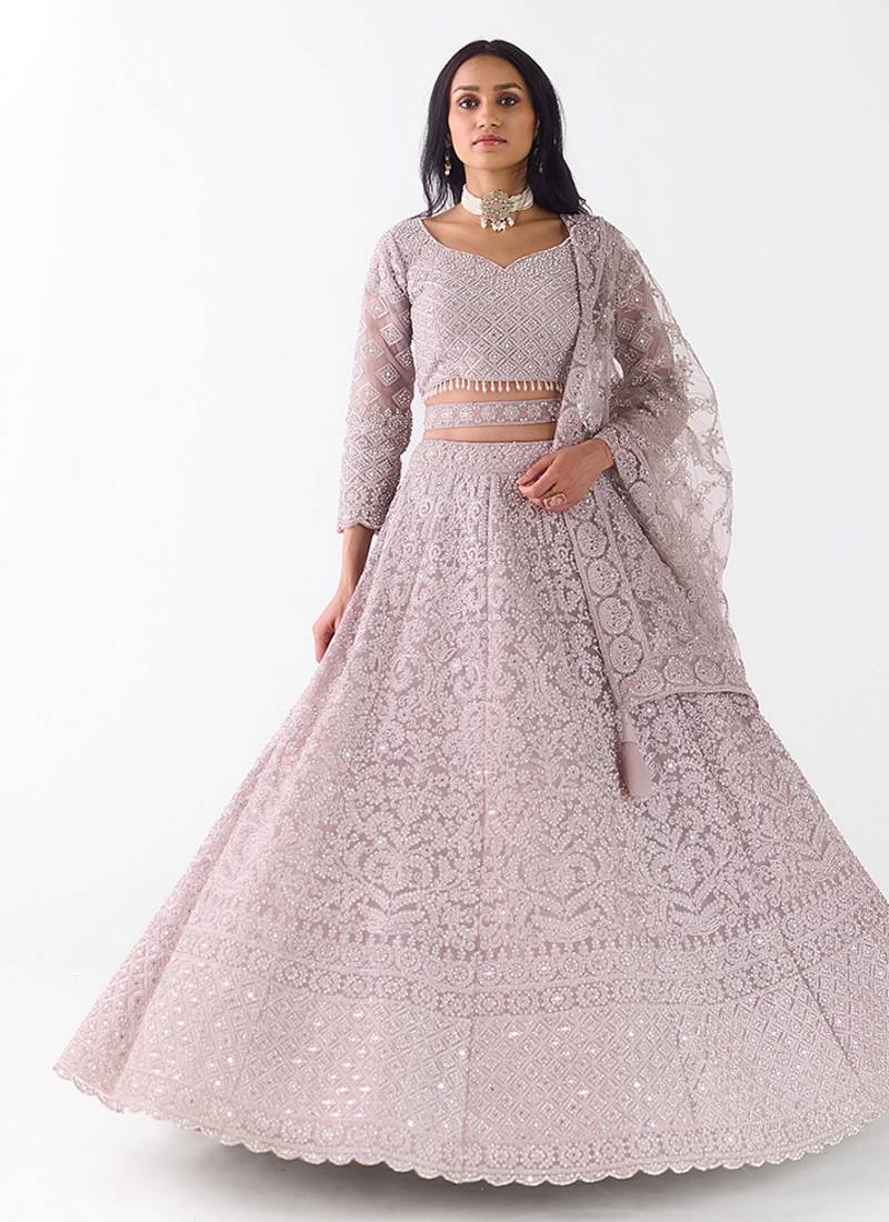 grey embroidered net lehenga with belt