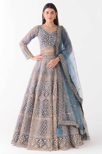 blue embroidered net lehenga with belt