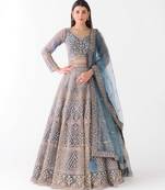 blue embroidered net lehenga with belt