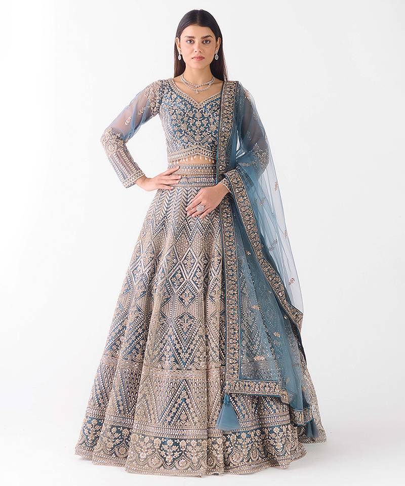 blue embroidered net lehenga with belt