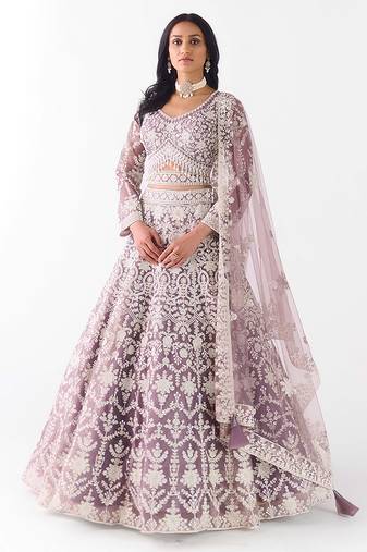 mauve embroidered net lehenga with belt