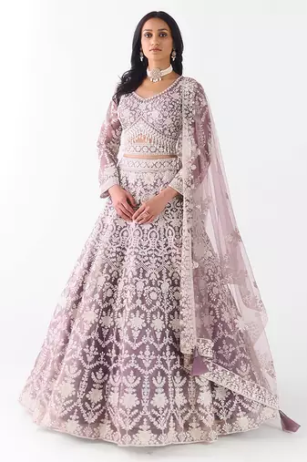 mauve embroidered net lehenga with belt