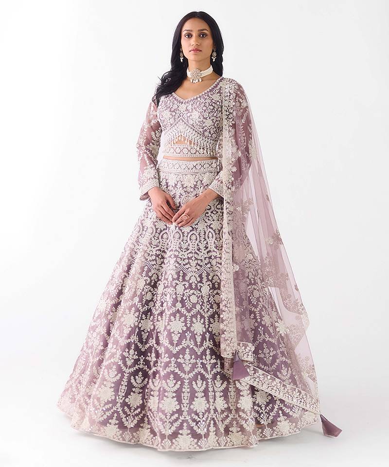 mauve embroidered net lehenga with belt