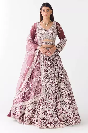 wine embroidered net lehenga with belt