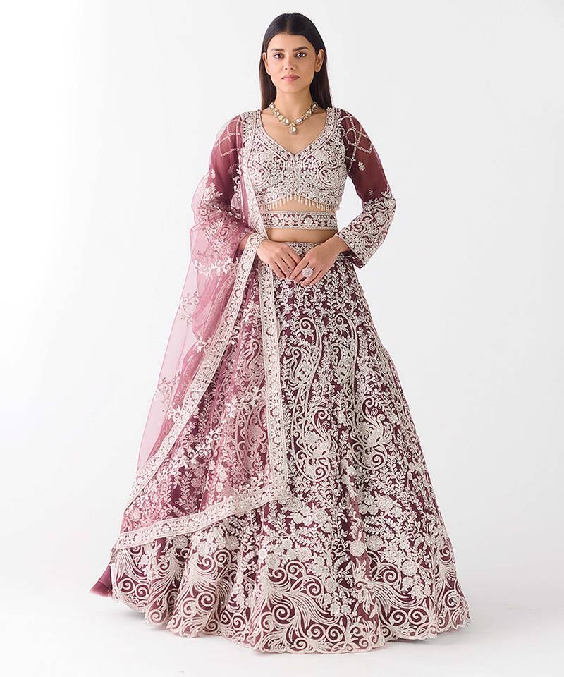 wine embroidered net lehenga with belt