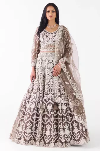 grey embroidered net lehenga with belt