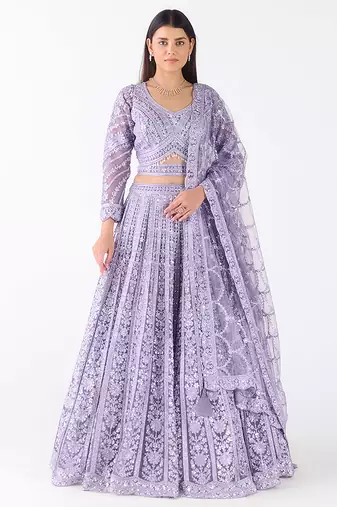 lavender embroidered net lehenga with belt