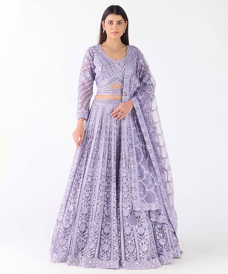 lavender embroidered net lehenga with belt