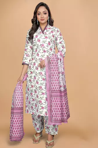  Women's Cotton Blend Floral Straight Printed Kurta Pant With Dupatta | kurta sets for woman