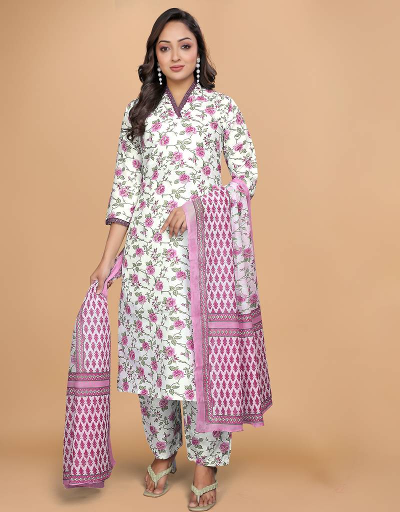  Women's Cotton Blend Floral Straight Printed Kurta Pant With Dupatta | kurta sets for woman
