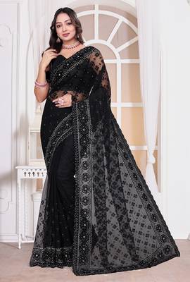 Black resham zari badla embroidery work net party wear saree 1