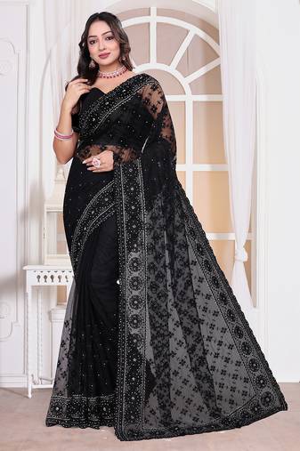 Black resham zari badla embroidery work net party wear saree
