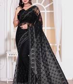 Black resham zari badla embroidery work net party wear saree
