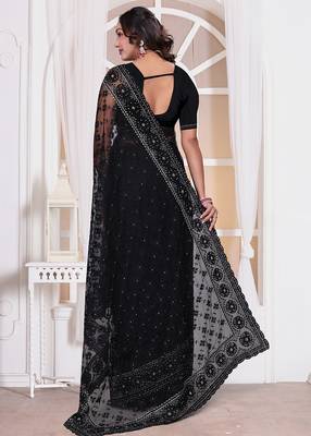 Black resham zari badla embroidery work net party wear saree 3