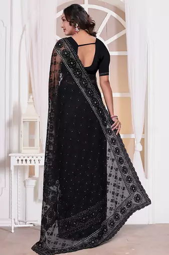 Black resham zari badla embroidery work net party wear saree