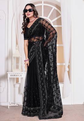Black resham zari badla embroidery work net party wear saree 4