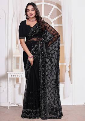 Black resham zari badla embroidery work net party wear saree 5