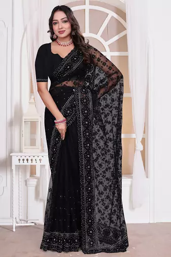 Black resham zari badla embroidery work net party wear saree