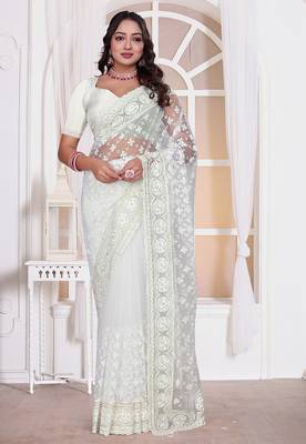 White resham zari embroidery work net party wear saree 1
