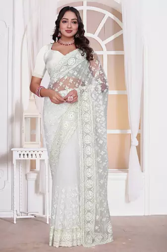 White resham zari embroidery work net party wear saree
