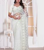 White resham zari embroidery work net party wear saree
