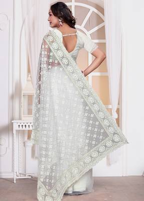 White resham zari embroidery work net party wear saree 3