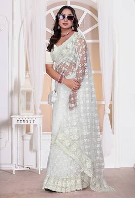 White resham zari embroidery work net party wear saree 5