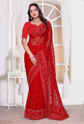 Red resham zari embroidery work net party wear saree 1