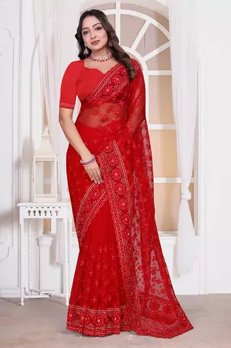 Red resham zari embroidery work net party wear saree