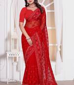 Red resham zari embroidery work net party wear saree