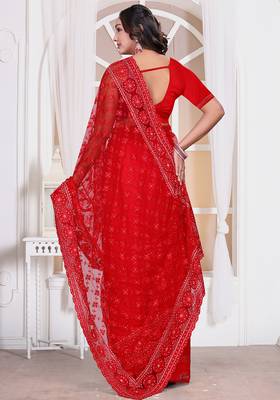 Red resham zari embroidery work net party wear saree 3