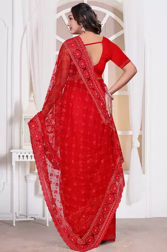 Red resham zari embroidery work net party wear saree
