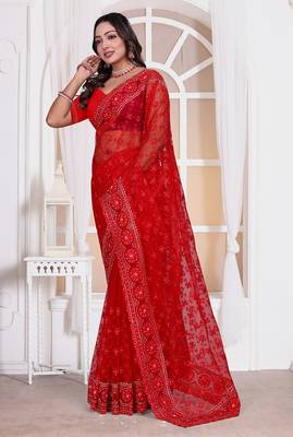 Red resham zari embroidery work net party wear saree 4