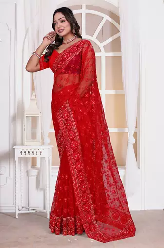 Red resham zari embroidery work net party wear saree