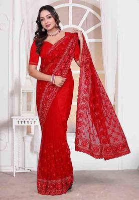 Red resham zari embroidery work net party wear saree 5