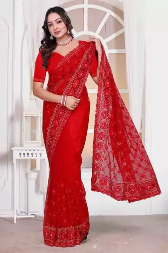 Red resham zari embroidery work net party wear saree