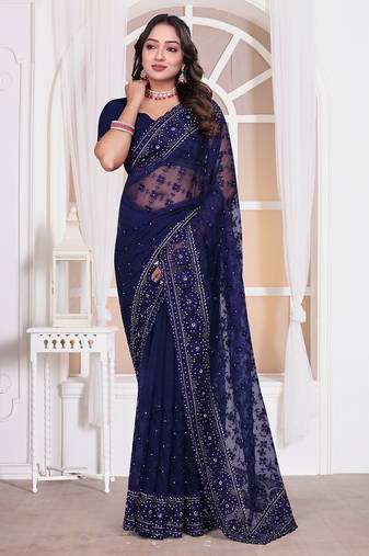 Navy blue resham zari embroidery work net party wear saree