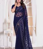 Navy blue resham zari embroidery work net party wear saree