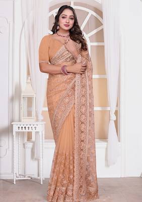 Peach resham zari embroidery work net party wear saree 1