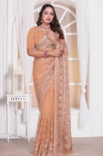 Peach resham zari embroidery work net party wear saree
