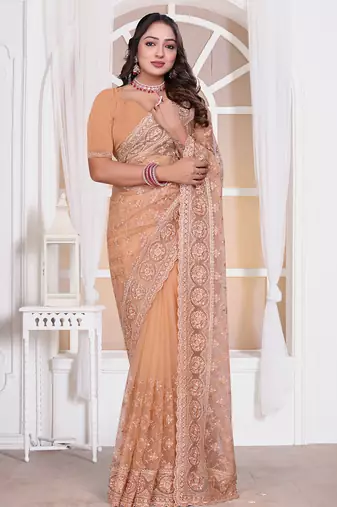Peach resham zari embroidery work net party wear saree