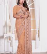 Peach resham zari embroidery work net party wear saree